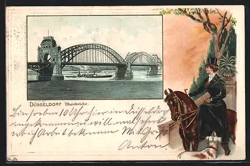 Passepartout-Lithographie Düsseldorf, Rheinbrücke, Reiterin mit Jagdhund