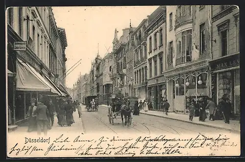 AK Düsseldorf, Partie in der Schadowstrasse mit Passanten und Kutschen