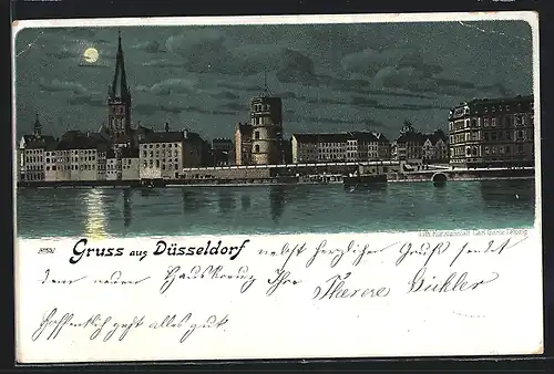 Lithographie Düsseldorf, Ortsansicht mit Kirche