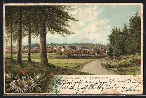 Lithographie Königsfeld, Ortsansicht mit Waldlandschaft