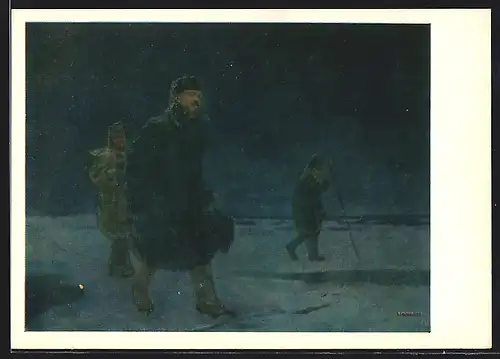AK Vladimir Iljic Lenin im Mantel nachts im Schnee