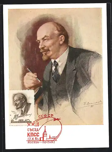 Künstler-AK Portrait Lenin mit Stift