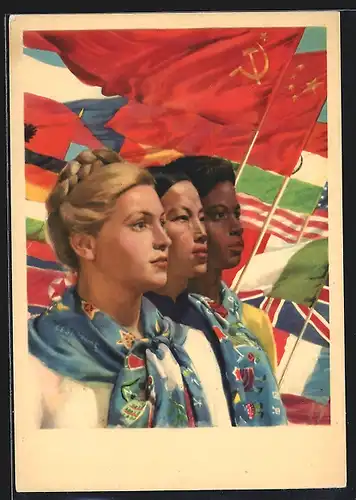 Künstler-AK UDSSR, Drei Frauen mit Fahnen