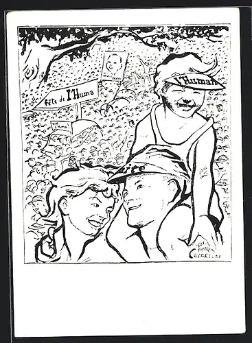 Künstler-AK UDSSR, Arbeiterpaar mit Kind auf einer Kundgebung