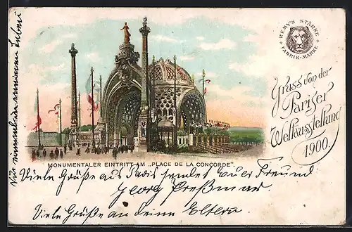 AK Paris, Weltaustellung Exposition Universelle 1900, Monumentaler Eintritt am Place de la Concorde