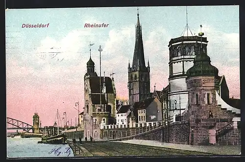 AK Düsseldorf, Blick vom Rheinufer auf einen Kirchturm
