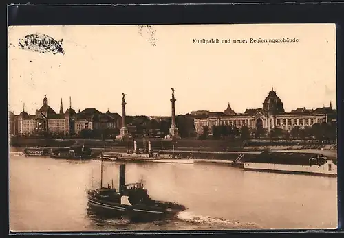 AK Düsseldorf, Kunstpalast und neues Regierungsgebäude mit Dampfer