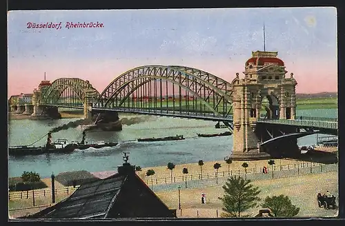 AK Düsseldorf, Rheinbrücke mit Dampfer