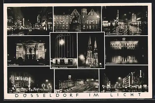 AK Düsseldorf, Schadowstrasse mit Geschäften, Graf-Adolfstrasse mit Geschäften und Apollo-Theater bei Nacht