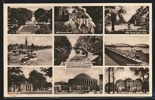 AK Düsseldorf, Königsallee, Märchenbrunnen, Botanischer Garten am Platz, Schlange am Rhein