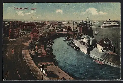 AK Düsseldorf, Blick über den Hafen, Boote