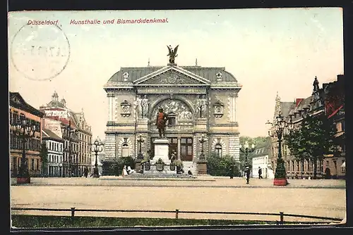 AK Düsseldorf, Kunsthalle und Bismarckdenkmal
