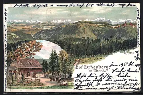 Lithographie Winterthur, Bergpanorama, Hof Eschenberg - Gebäude mit Einfahrt und Kutsche