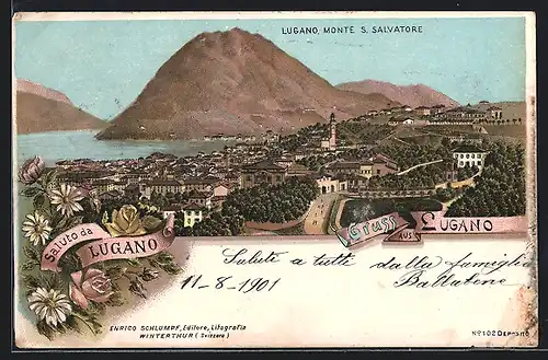 Lithographie Lugano, Vue Générale et Mont S. Salvatore