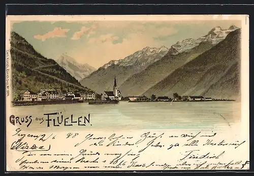 Lithographie Flüelen, Panorama vom See aus gesehen