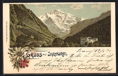 Lithographie Interlaken, Hotel mit Gebirgspanorama