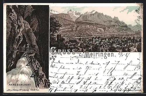 Lithographie Meiringen, Aareschlucht, Totalansicht mit Blick auf die Berge