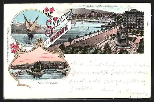 Lithographie Genève, Vue de Genève et Monument Brunswick, Lac Léman, Ile Rousseau
