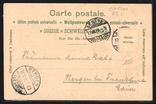 Lithographie Genève, Vue de Genève et Monument Brunswick, Lac Léman, Ile Rousseau