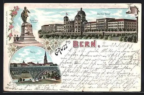 Lithographie Basel, Bundespalast, Bubenberg-Denkmal, Panorama mit Brücke