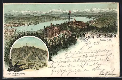 Lithographie Uetliberg b. Zürich, Panorama mit Hotel Uetliberg