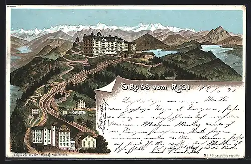 Lithographie Rigi, Bergbahn auf der Fahrt zum Hotel um 1900