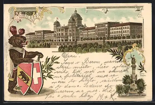 Lithographie Bern, Ortsansicht mit Berna-Brunnen