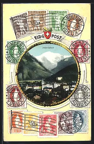 AK Interlaken, Panorama im Passepartout mit Briefmarken