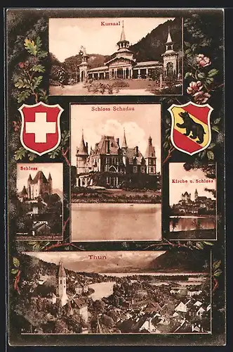 AK Thun, Kursaal, Schloss, Kirche und Schloss Schadau, Ortsansicht aus der Vogelschau, Wappen