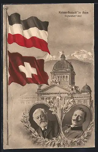 AK Bern, Besuch Kaiser Wilhelm II. in Bern im September 1912, Porträt und Flaggen