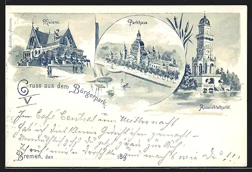 AK Bremen, Bürgerpark mit Meierei, Parkhaus und Aussichtsturm