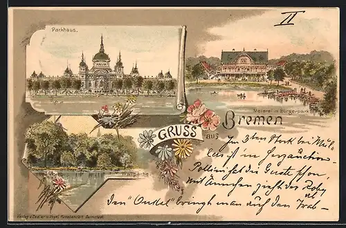 Lithographie Bremen, Parkhaus, Meierei im Bürgerpark, Wallpartie