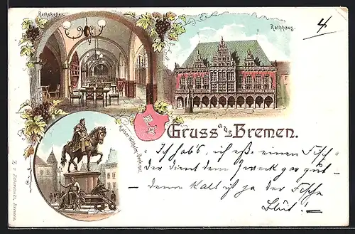 Lithographie Bremen, Rathaus, Kaiser-Wilhelm-Denkmal und Rathskeller