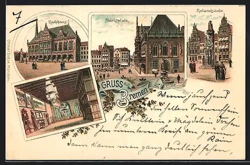 Lithographie Bremen, Rolandsäule, Marktplatz, Rathaus und Rathaussaal