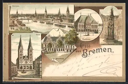 Lithographie Bremen, Ortsansicht, Roland, Rathaus, Gewerbehaus