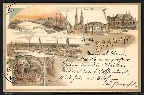 Lithographie Bremen, Inneres Gasthaus Ratskeller, Dom und Börse, Rathaus
