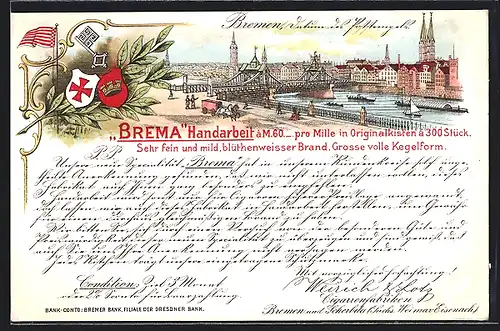 Lithographie Bremen, Panorama mit Weserbrücke, Wappen