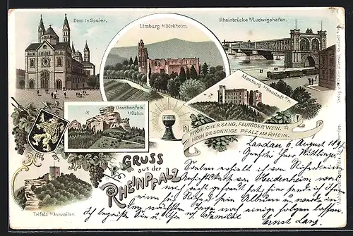 Lithographie Speyer, Dom, Maxburg, Rheinbrücke, Drachenfels