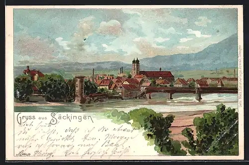 Lithographie Säckingen, Totalansicht mit Flusspartie und Brücke