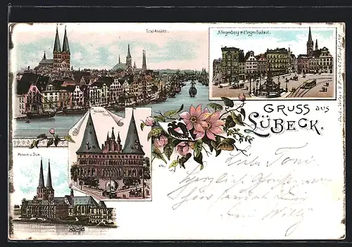 Lithographie Lübeck, Totalansicht, Holsten-Thor, Museum und Dom