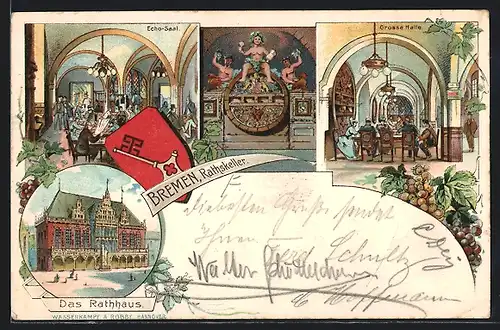 Lithographie Bremen, Restaurant Ratskeller mit Echo-Saal und grosser Halle, Rathaus