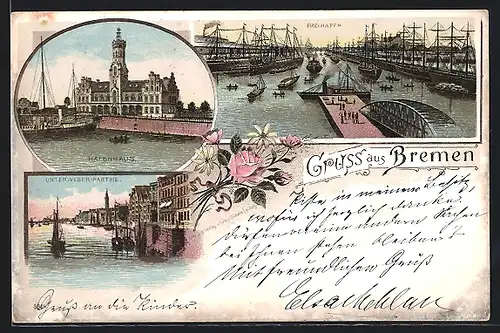 Lithographie Bremen, Freihafen, Hafenhaus, Unterweser-Partie