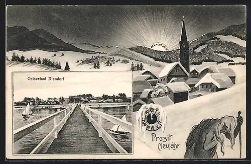 AK Niendorf / Ostsee, Seebrücke, Dorf im Winter, Prosit Neujahr