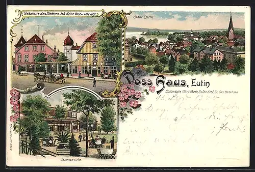Lithographie Eutin, Panorama, Wohnhaus des Dichters Voss, Gartenansicht