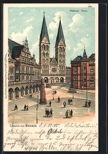 Lithographie Bremen, Rathaus und Dom, Strassenbahn