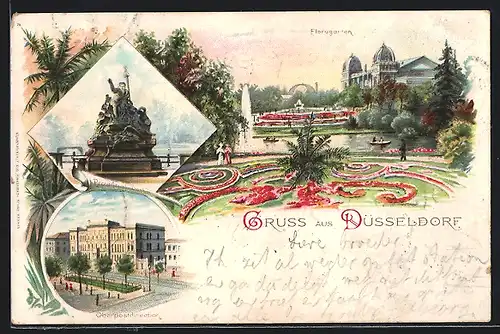 Lithographie Düsseldorf, Floragarten, Oberpostdirektion, Provinzialdenkmal