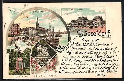Lithographie Düsseldorf, Rhein-Werft, Central-Bahnhof, Kriegerdenkmal