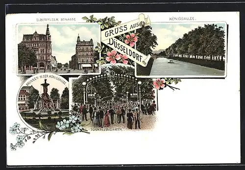 Lithographie Düsseldorf, Elbersfelder Strasse, Königsallee, Brunnen in der Königsallee