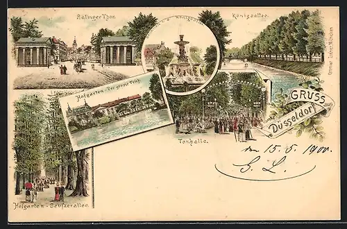 Lithographie Düsseldorf, Ralinger Thor, Hofgarten-Seufzerallee, Hofgarten-Der grosse Teich, Königsallee, Tonhalle