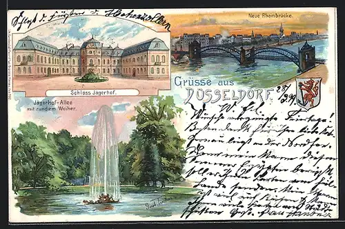 Lithographie Düsseldorf, Schloss Jägerhof, Neue Rheinbrücke, Jägerhof-Allee mit rundem Weiher